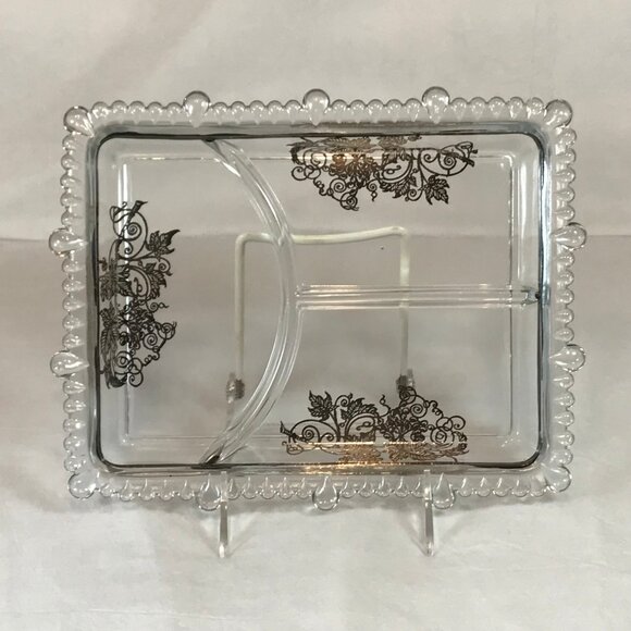 Vintage Silver Overlay Glass Rectangular 3-Section Divided Dish - Picture 7 of 7